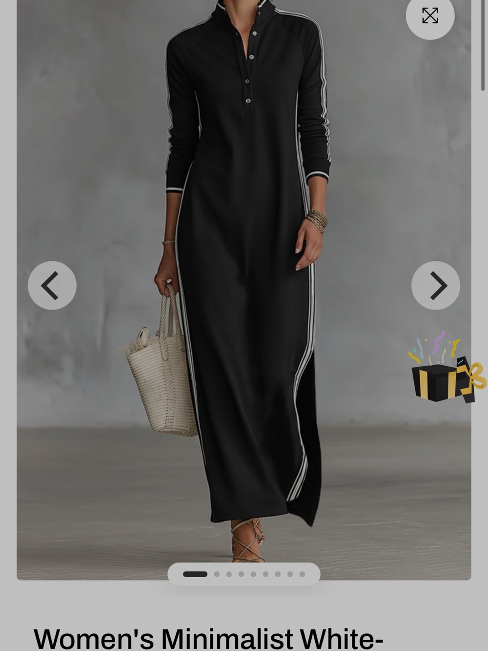 Women's Black Long Sleeve Maxi Dress with White Side Stripes